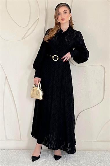 Siyah Kemer Detaylı Astarlı Elbise