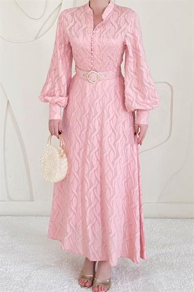 Pudra Kemer Detaylı Astarlı Elbise