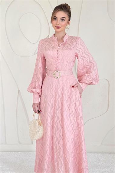 Pudra Kemer Detaylı Astarlı Elbise