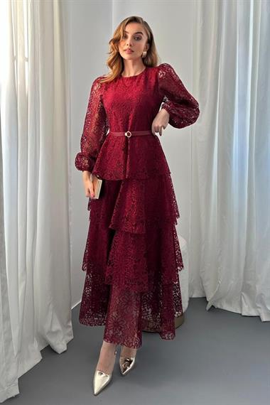 Bordo Kemer Detaylı Astarlı Kat Kat Dantel Elbise