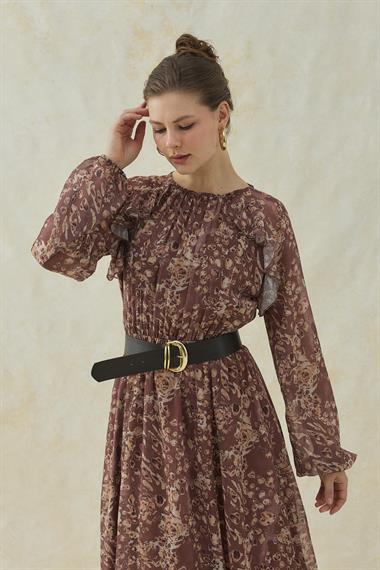 Kahverengi Kemer Detaylı Astarlı Şifon Elbise