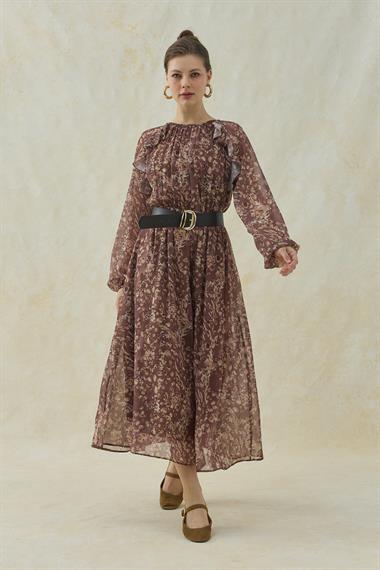 Kahverengi Kemer Detaylı Astarlı Şifon Elbise