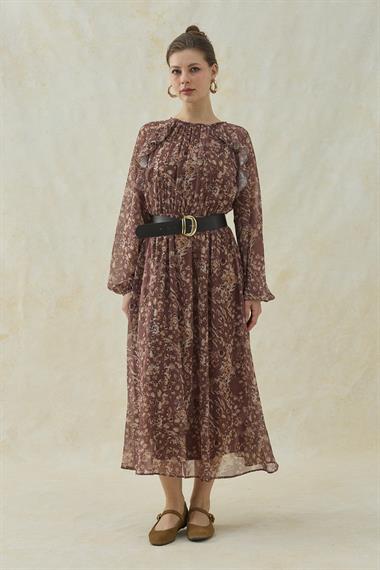 Kahverengi Kemer Detaylı Astarlı Şifon Elbise