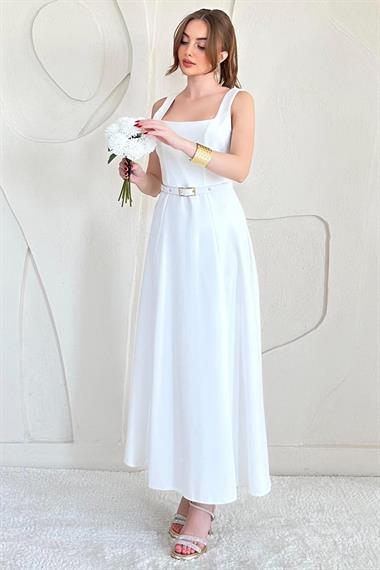 Beyaz Kemer Detaylı Atlas Kumaş Elbise