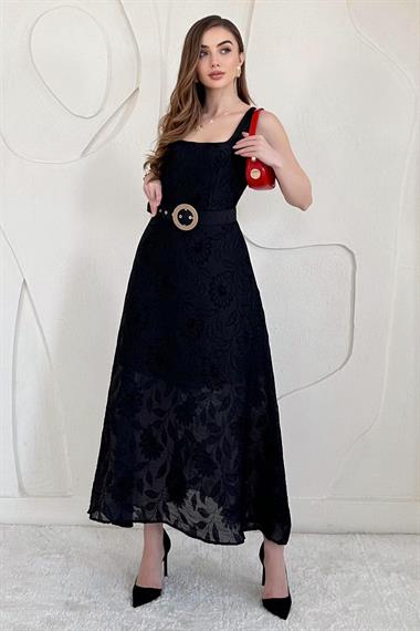 Siyah Kemer Detaylı Jakar Uzun Elbise