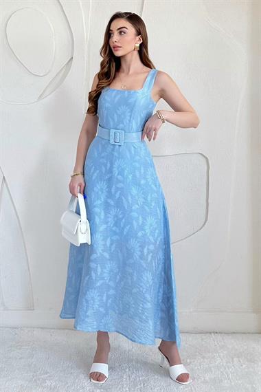 Mavi Kemer Detaylı Jakar Uzun Elbise