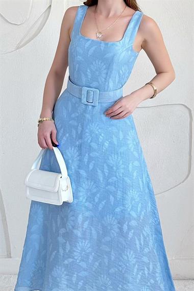 Mavi Kemer Detaylı Jakar Uzun Elbise