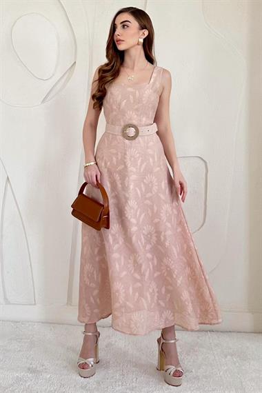 Bej Kemer Detaylı Jakar Uzun Elbise