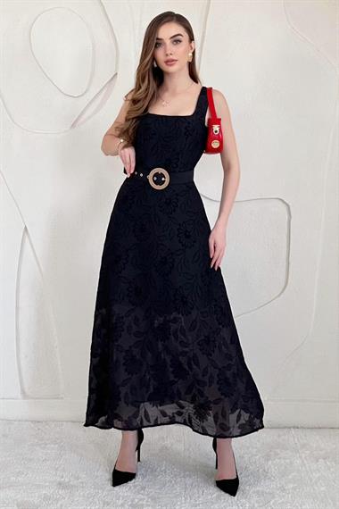 Siyah Kemer Detaylı Jakar Uzun Elbise