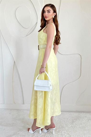 Sarı Kemer Detaylı Jakar Uzun Elbise