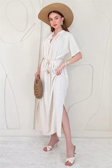 Bej Kemer Detaylı Salaş Keten Elbise