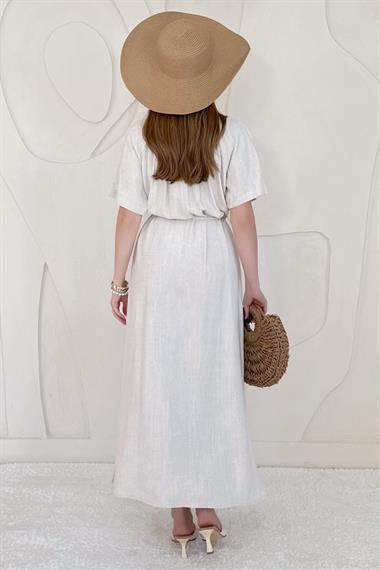 Bej Kemer Detaylı Salaş Keten Elbise