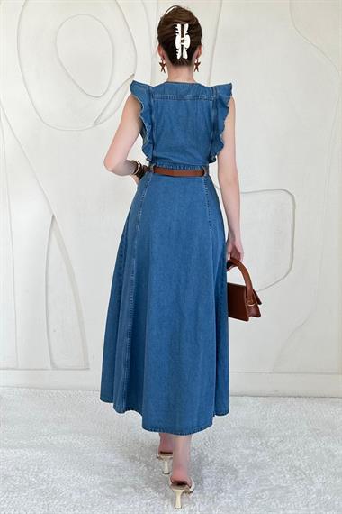 Mavi Kemer Detaylı Uzun Denim Elbise