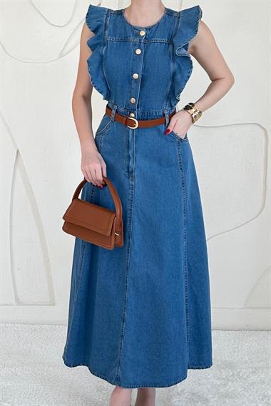 Mavi Kemer Detaylı Uzun Denim Elbise