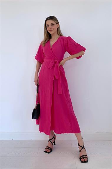 Fuşya Kuşaklı Müslin Elbise
