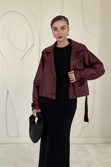 Burgundy Belted Leather Jacket