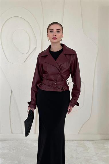 Burgundy Belted Leather Jacket