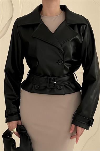 Siyah Kemerli Deri Ceket