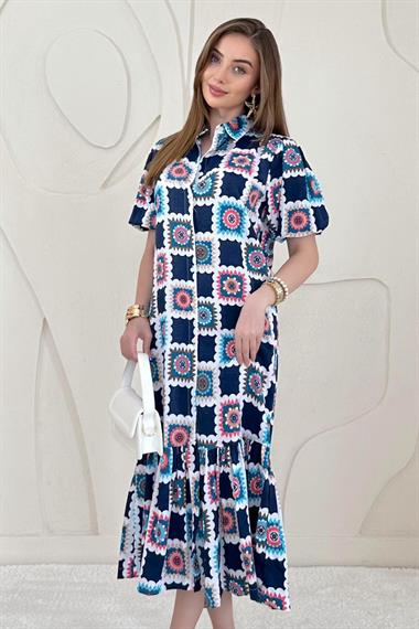 Mavi Kemerli GömlekYaka Elbise