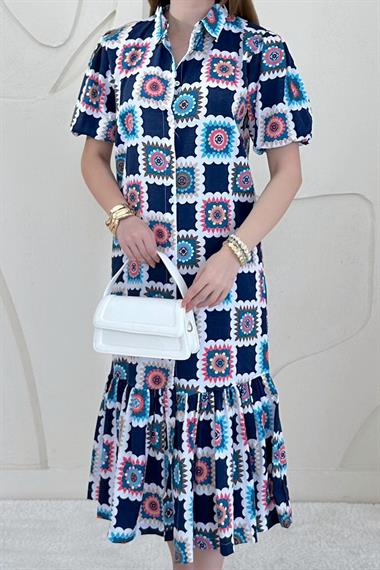 Mavi Kemerli GömlekYaka Elbise