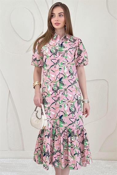 Pembe Kemerli GömlekYaka Elbise