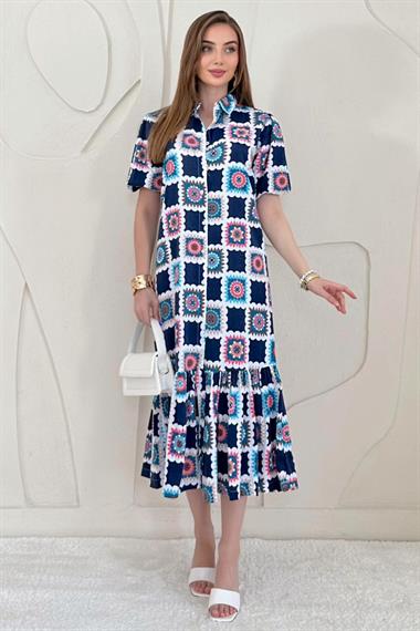 Mavi Kemerli GömlekYaka Elbise