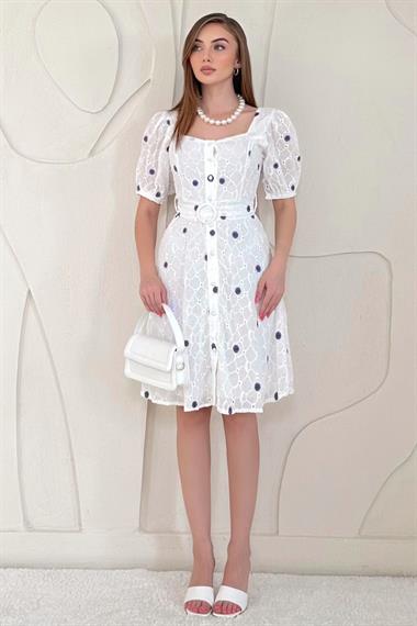 Mor Kemerli Kare Yaka Elbise