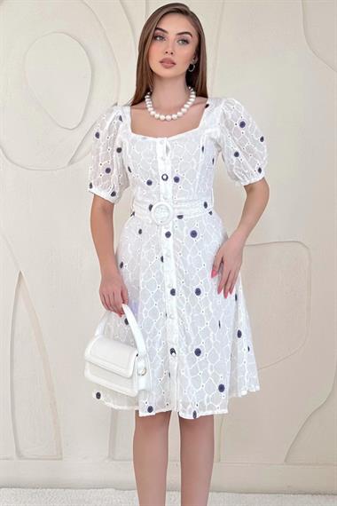 Mor Kemerli Kare Yaka Elbise