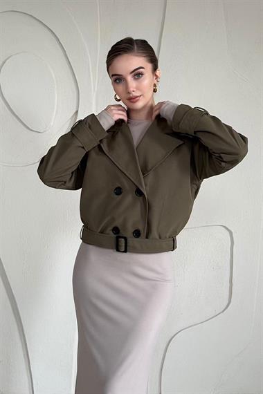 Haki Kemerli Kısa Trençkot