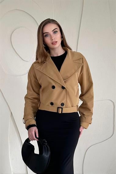 Kamel Kemerli Kısa Trençkot