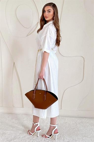 Beyaz Keten Kısa Kollu Elbise