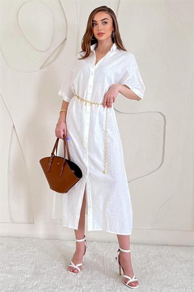 Beyaz Keten Kısa Kollu Elbise