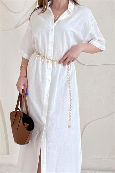 Beyaz Keten Kısa Kollu Elbise