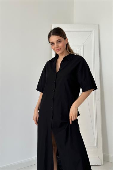 Siyah Keten Kısa Kollu Elbise
