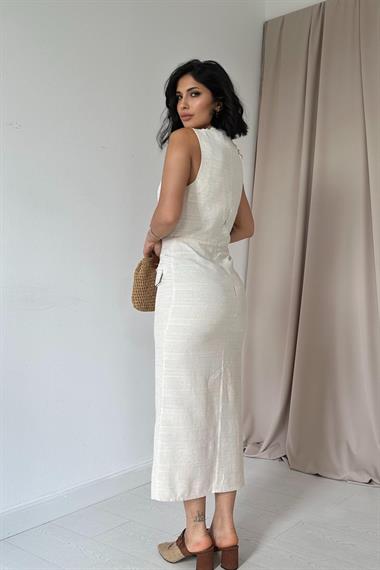 Bej Keten Yelek Görünümlü Elbise