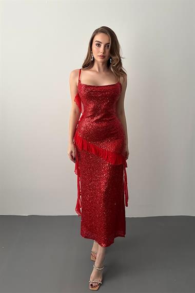 Kırmızı Pul Payetli Şifon Fırfırlı Elbise