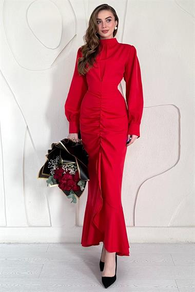 Kırmızı Volanlı Uzun Kol Elbise