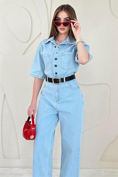 Mavi Kısa Kollu Kot Tulum