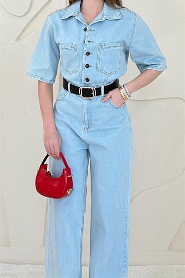 Mavi Kısa Kollu Kot Tulum