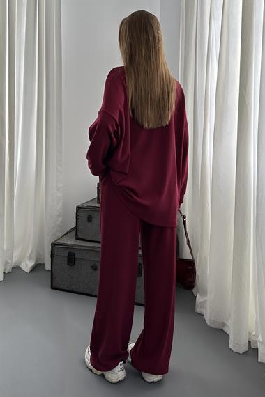 Bordo Klasik Fitilli Kazak ve Pantolon Takım