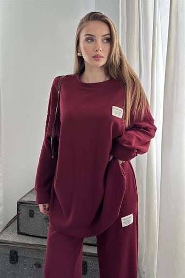 Bordo Klasik Fitilli Kazak ve Pantolon Takım