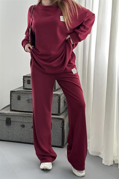 Bordo Klasik Fitilli Kazak ve Pantolon Takım