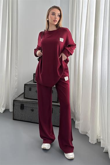 Bordo Klasik Fitilli Kazak ve Pantolon Takım