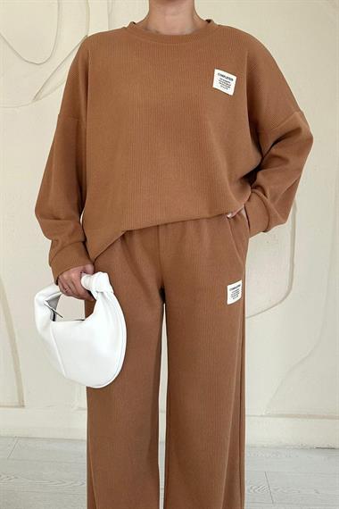 Camel Klasik Fitilli Kazak ve Pantolon Takım