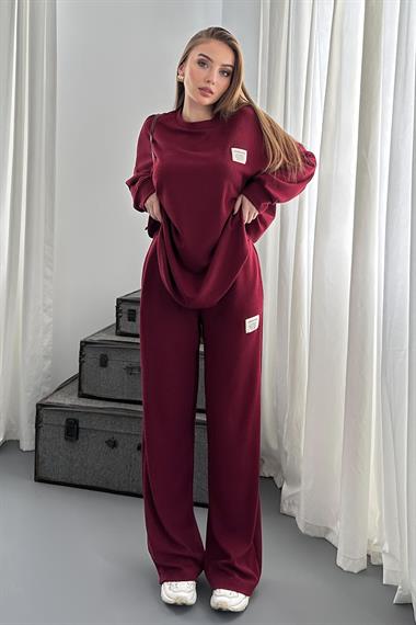 Bordo Klasik Fitilli Kazak ve Pantolon Takım