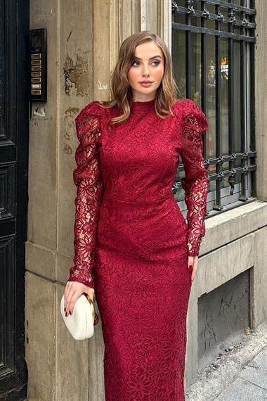 Bordo Kol Detaylı Yarım Boğazlı Dantel Elbise