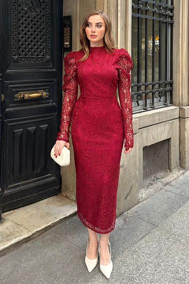Bordo Kol Detaylı Yarım Boğazlı Dantel Elbise
