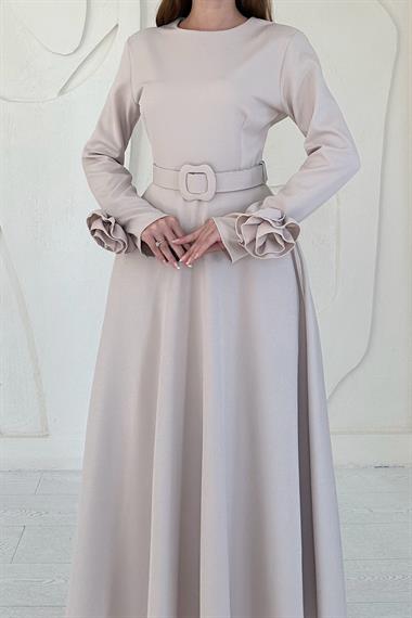 Bej Kolları Güllü A-Line Elbise
