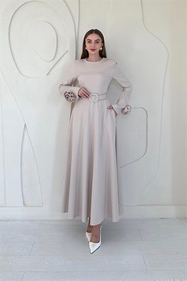 Bej Kolları Güllü A-Line Elbise