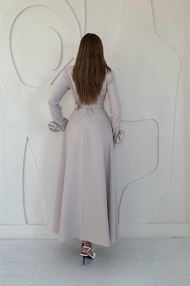 Bej Kolları Güllü A-Line Elbise